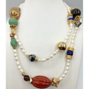 36” Vintage Saks Fifth ave Ro-do Collection Pearl & Semi Precious Stone sautoir